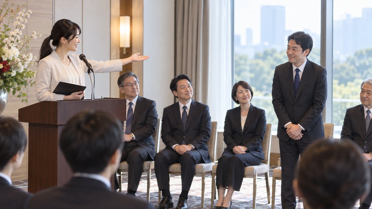 ホテルの会議室を借りた仕事始め式で、壁際の椅子に役員たちが並んで座り、司会の30代の女性が次の話し手を手のひらで示している