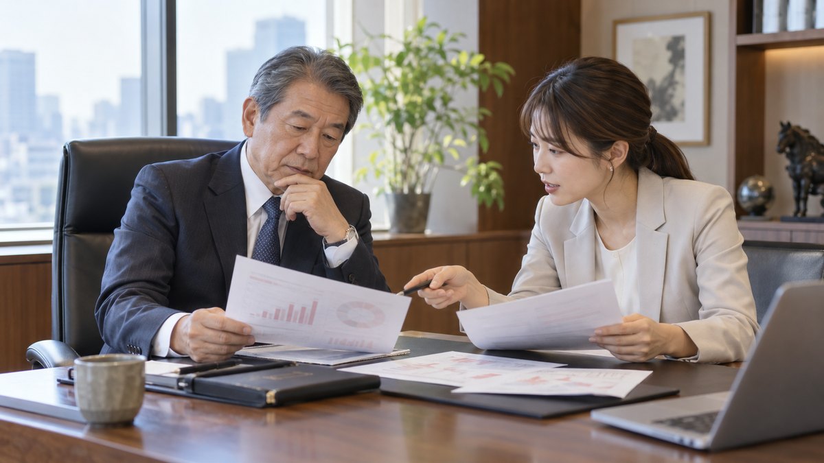 社長室の机をはさんで、60代の男性社長と30代の女性広報担当が、赤字の入った印刷物を見比べながら話し合っている。紙の文字は読めない