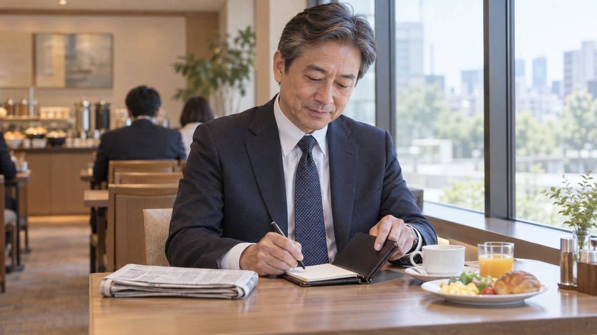 ビジネスホテルの朝食会場の窓際の席で、50代のスーツ姿の男性が読み終えた新聞をたたみ、手帳に一言だけ書いて閉じようとしている