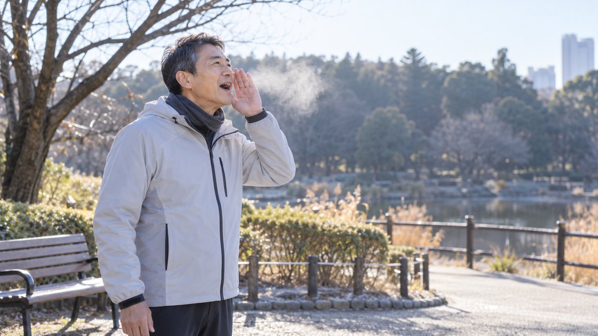 冬の朝の公園で、ウォーキング中の50代の男性が立ち止まり、白い息を吐きながら遠くの木立に向かって軽く声を出している