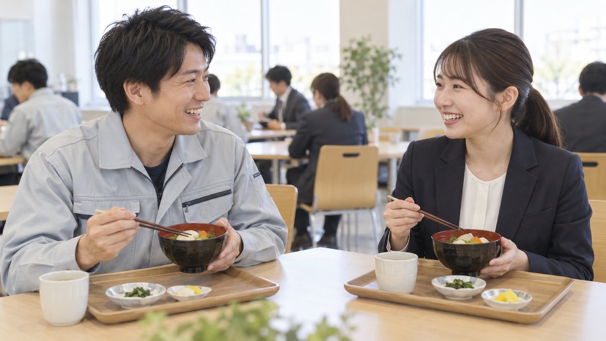 社員食堂のテーブルで、仕事始めの日に振る舞われたお雑煮の椀を前に、作業着の男性とスーツ姿の女性が向かい合って笑顔で話している