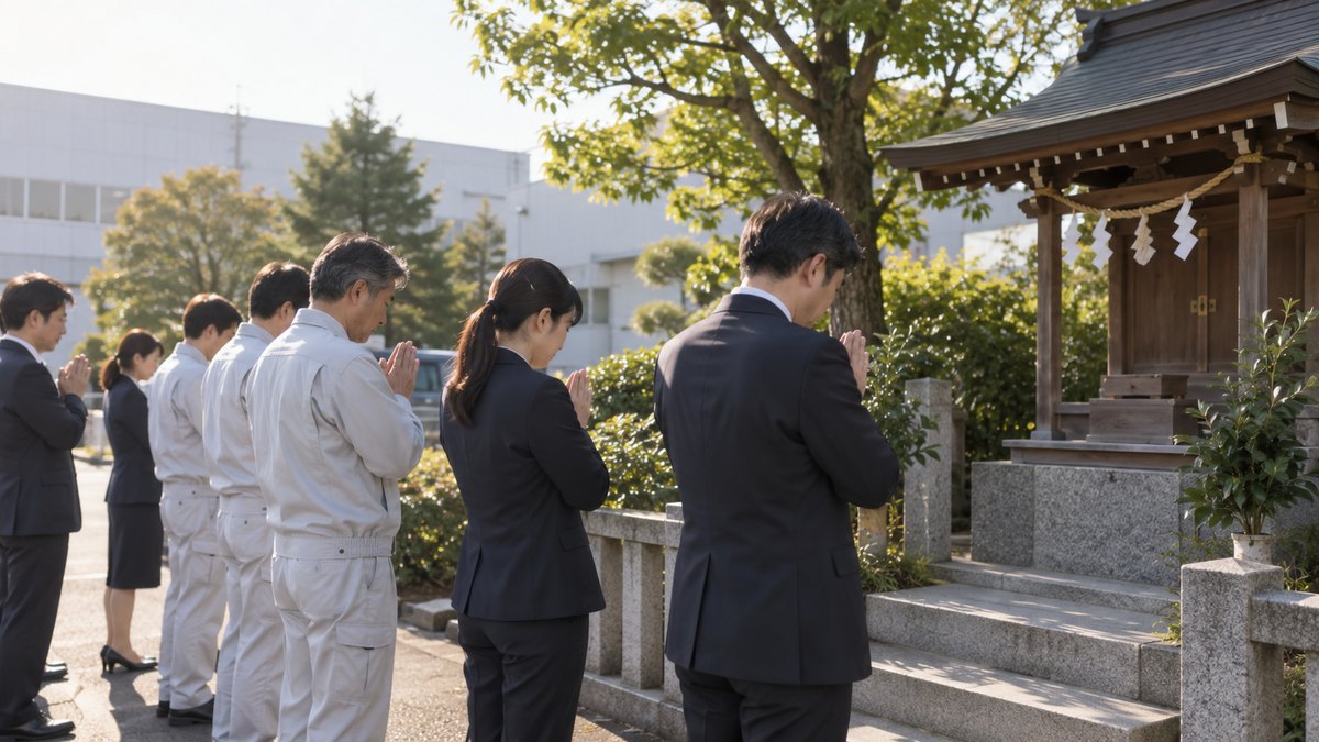 仕事始めの朝、会社の敷地の中にある小さな社の前に、作業着とスーツ姿の社員たちが並び、静かに手を合わせている