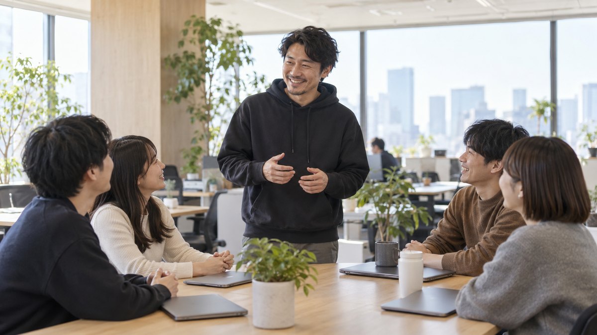 年明けのIT企業の開放的なオフィスで、パーカー姿の30代の男性リーダーが立ち、ノートパソコンを閉じた若手社員たちに笑顔で話している。画面は見えない