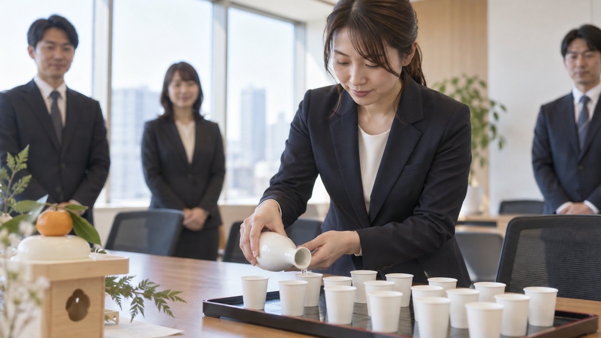 仕事始め式のあと、会議室の机に並んだ小さな紙コップに、総務の30代の女性がお神酒を少しずつ注いでいる手元