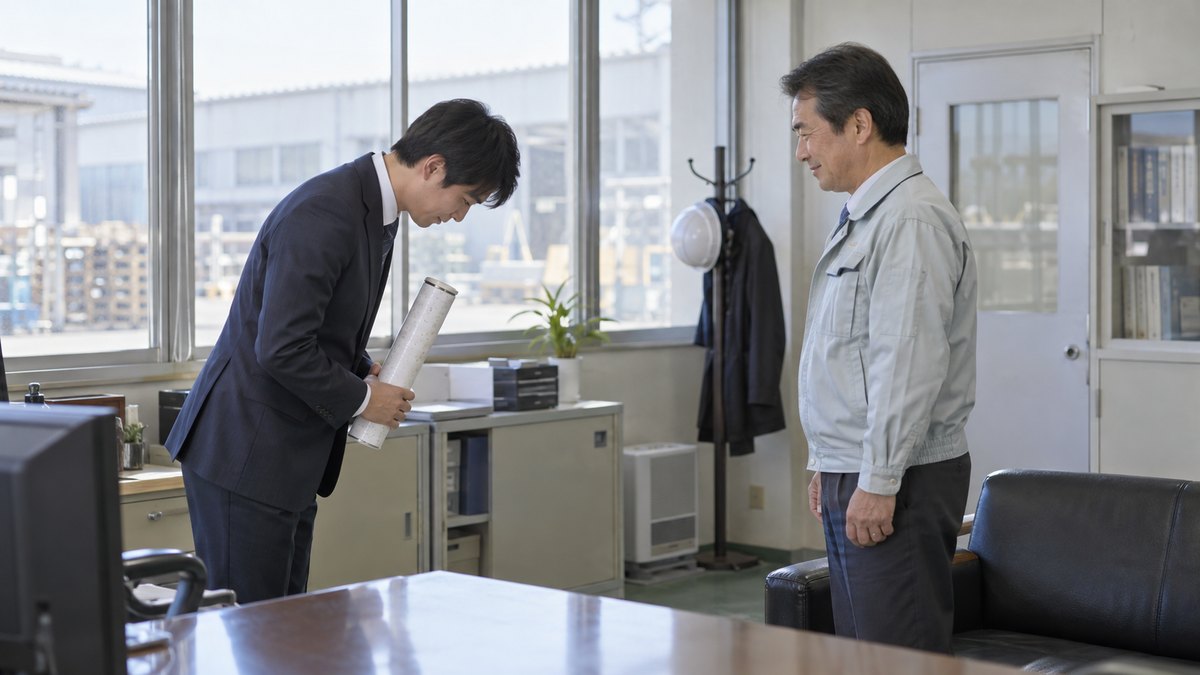 1月の取引先の工場の事務所で、スーツ姿の30代の男性営業が、カレンダーの入った筒を手に、作業着の工場長に頭を下げて新年の挨拶をしている