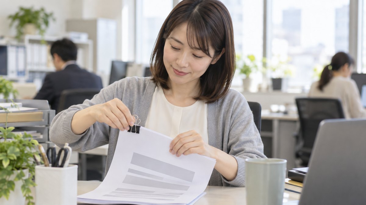 総務部の机で、30代の女性社員が大きな文字で印刷した数枚の原稿を、角をそろえてクリップで留めている手元。紙の文字は読めない