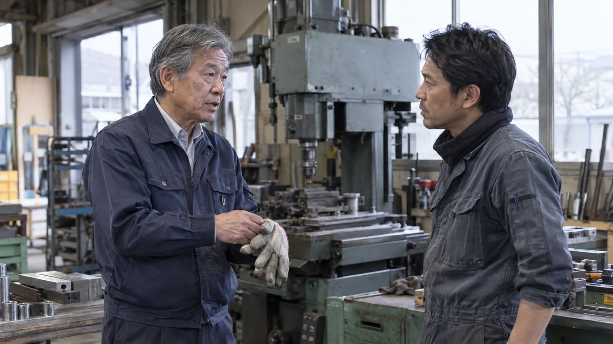 冬の曇りの朝、町工場の機械の前で、60代の男性社長が作業用の手袋を外しながら、40代の職人の男性と向かい合って真剣な顔で話している