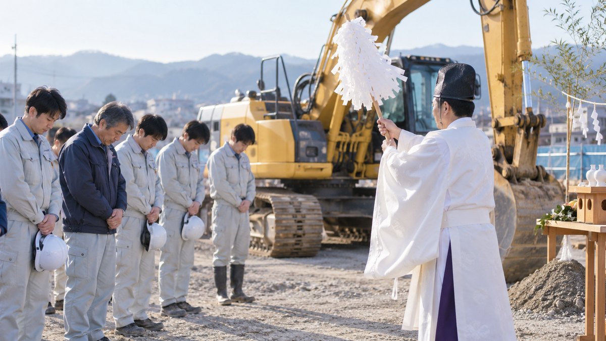 年明けの建設現場の朝、重機の横に作業着とヘルメット姿の作業員たちが並び、白い装束の神主からお祓いを受けている