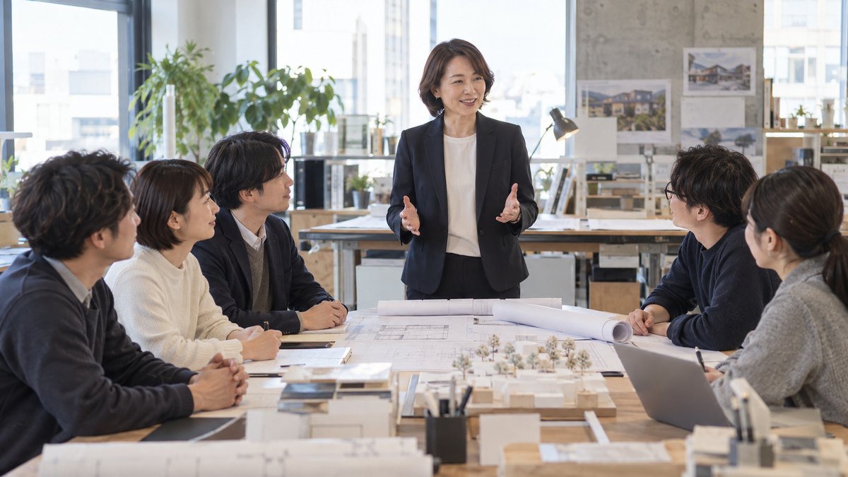 設計事務所の大きな作業台のまわりで、40代の女性部長が立ち、図面を広げた机を囲む5人の部下に新年の一言を話している。図面の文字は見えない