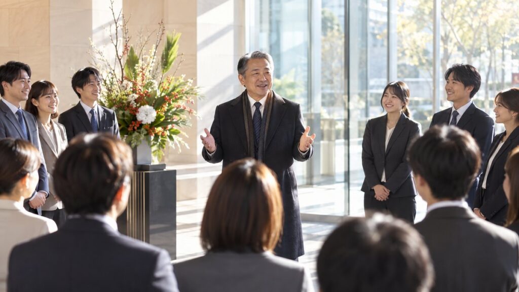 仕事始めの朝、本社のエントランスホールで社長が集まった社員の前に立ち、笑顔で年頭の挨拶を話し始めている