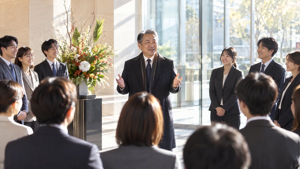 仕事始めの朝、本社のエントランスホールで社長が集まった社員の前に立ち、笑顔で年頭の挨拶を話し始めている