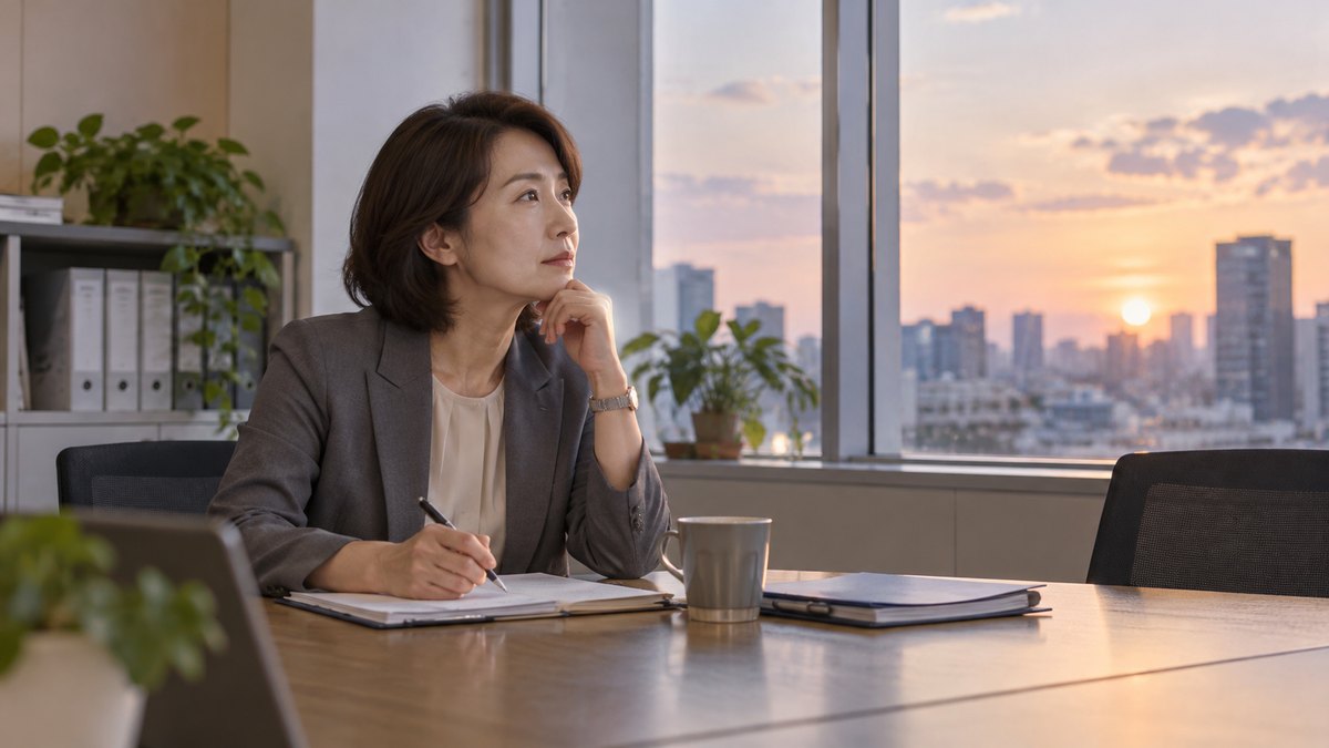 1月の夕方、総務部の打ち合わせ机で、40代の女性総務担当が下書きの紙を前に、ペンを持ったまま窓の外を見て言葉を考えている。紙の文字は見えない