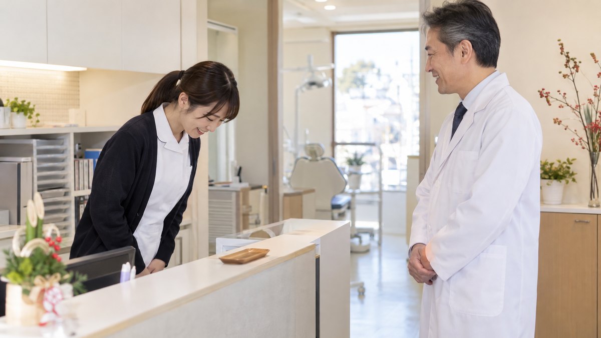 1月の朝、小さな歯科医院の受付カウンターの内側で、受付の20代の女性スタッフが、白衣を着た50代の男性院長に軽く頭を下げて新年の挨拶をしている