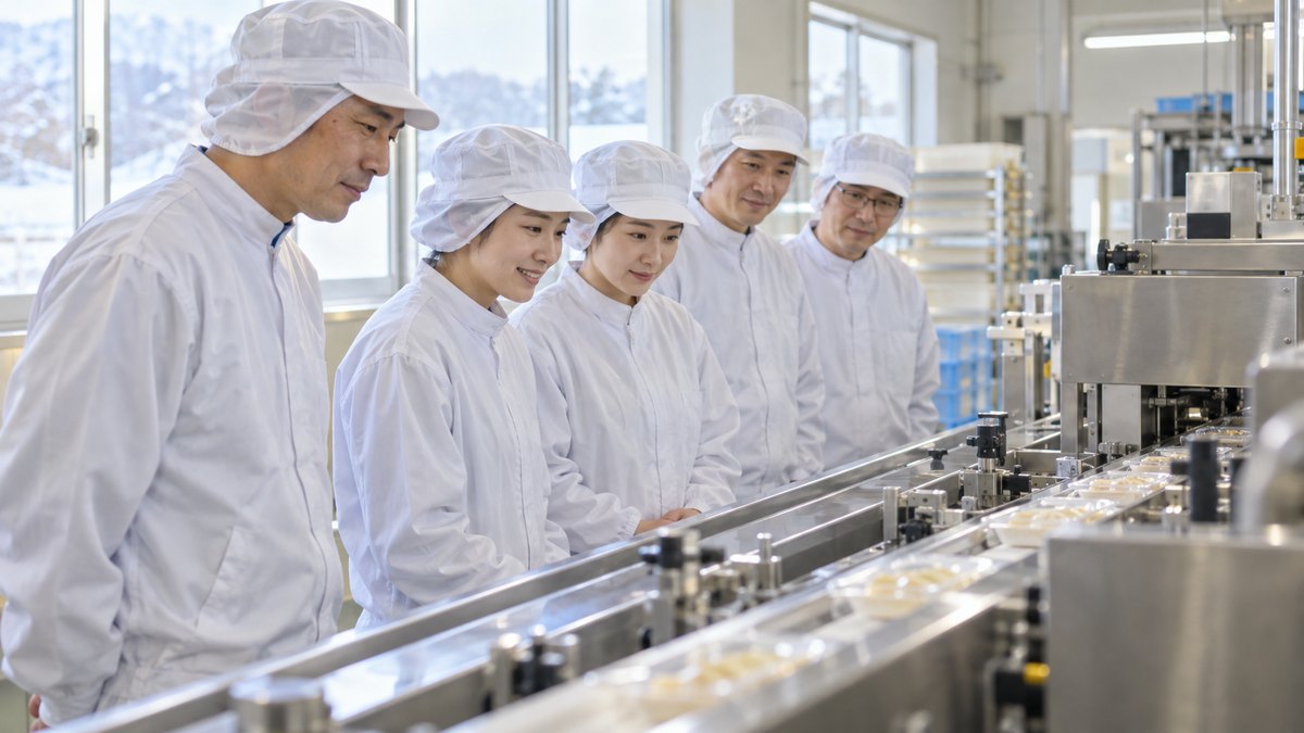 冬の朝、小さな食品工場の製造ラインの横で、白い作業服と帽子姿の社員たちが、新しく動き出すラインを並んで見守っている