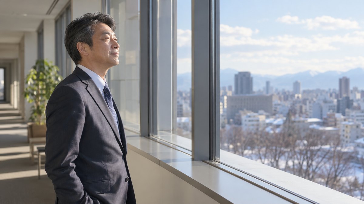 1月の朝、会社の窓際の廊下で、スーツ姿の50代の男性が立ち止まり、窓の外の冬空を見ながら穏やかな表情で深く息を吐いている