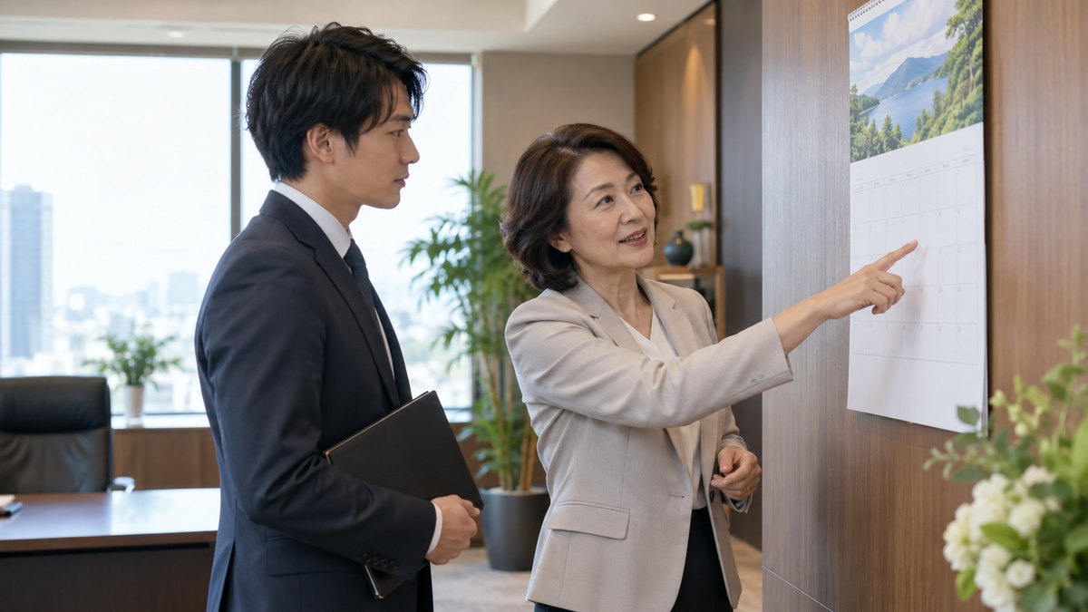社長室の壁に掛けた真新しい年間カレンダーの前で、50代の女性社長がカレンダーの一か所を指さしながら、隣に立つ30代の男性総務担当と話している。カレンダーの文字や数字は見えない