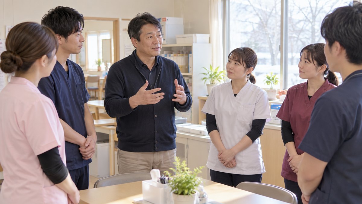 1月の朝、介護施設のスタッフルームで、ユニフォーム姿の職員たちが輪になって立ち、40代の男性施設長の話を聞いている