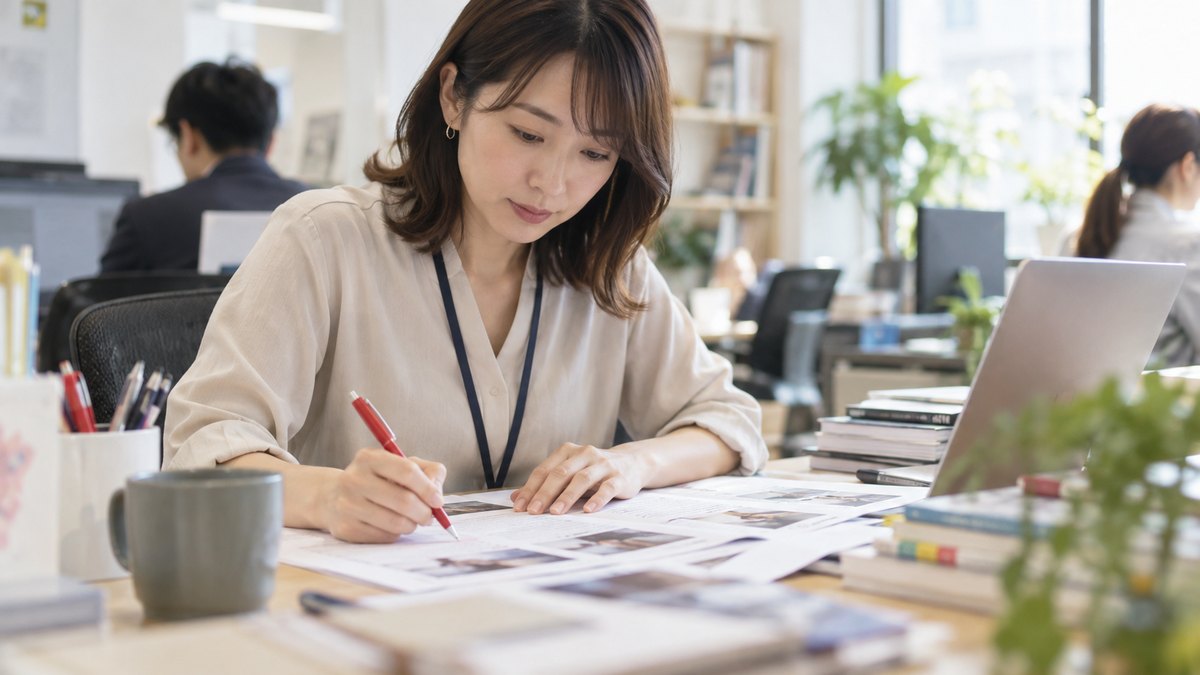 広報部の机の上で、30代の女性が社内報の校正紙に赤ペンで印をつけている手元。紙の文字は読めない