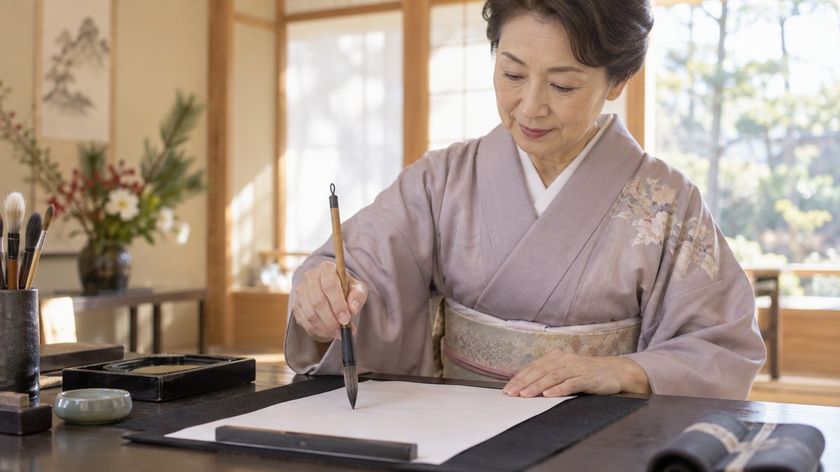 年明けの書道教室で、和服姿の60代の女性が、半紙に筆を下ろす直前の手元。半紙にはまだ何も書かれていない