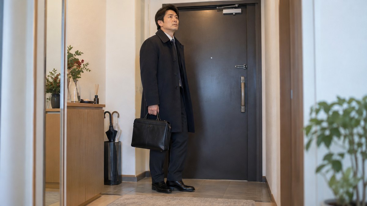 正月休み明けの朝、マンションの玄関で、40代の男性がコートを着て靴を履き終え、ドアの前で少し緊張した顔でひと息ついている