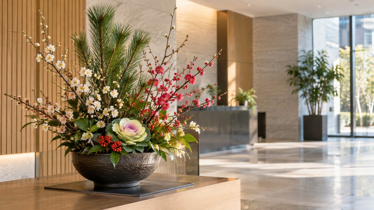 年始の会社のロビーの台の上に、松と梅を生けた正月の花が飾られている。人物はいない