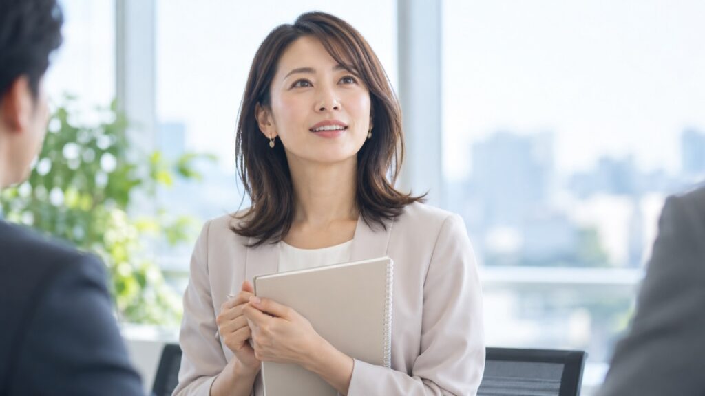会議室の窓際でノートを持ち、意見を話そうと前を向く女性社員