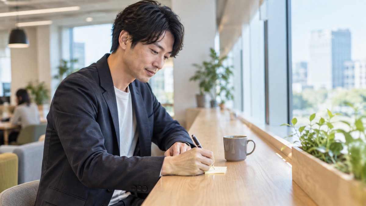 休憩スペースのカウンターで付箋に一言メモを書く男性社員