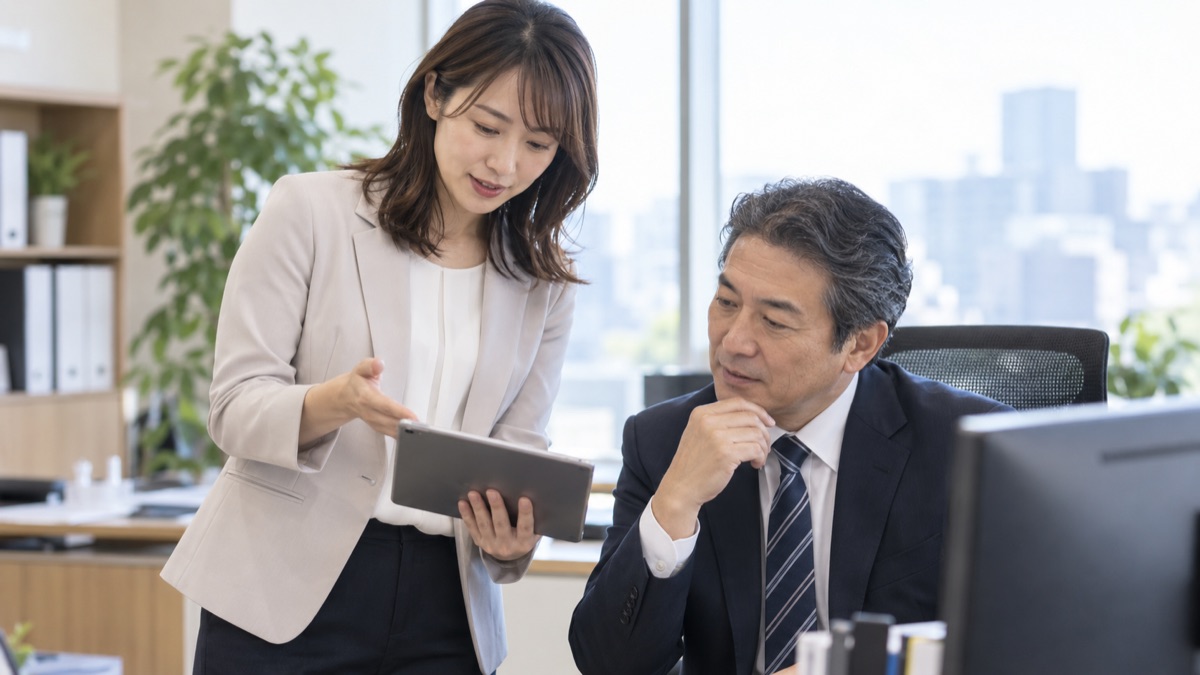 上司の席の横でタブレットを見せながら提案を伝える女性社員