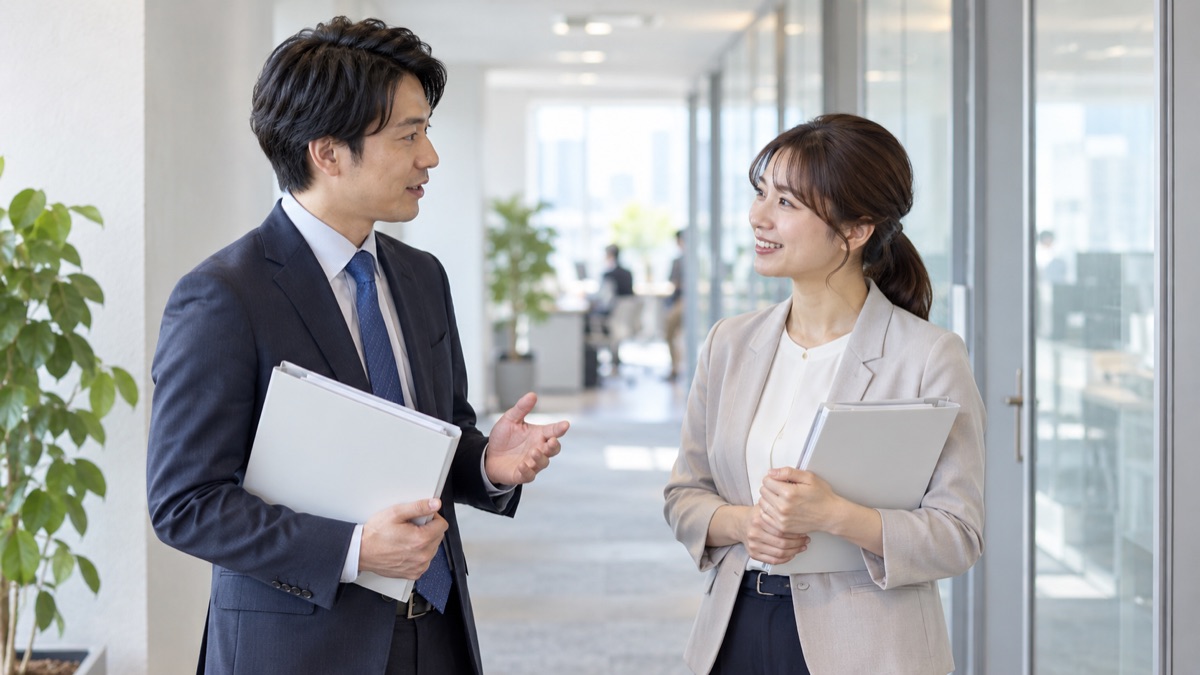 オフィスの通路で同僚に自分の考えを穏やかに伝える男性社員