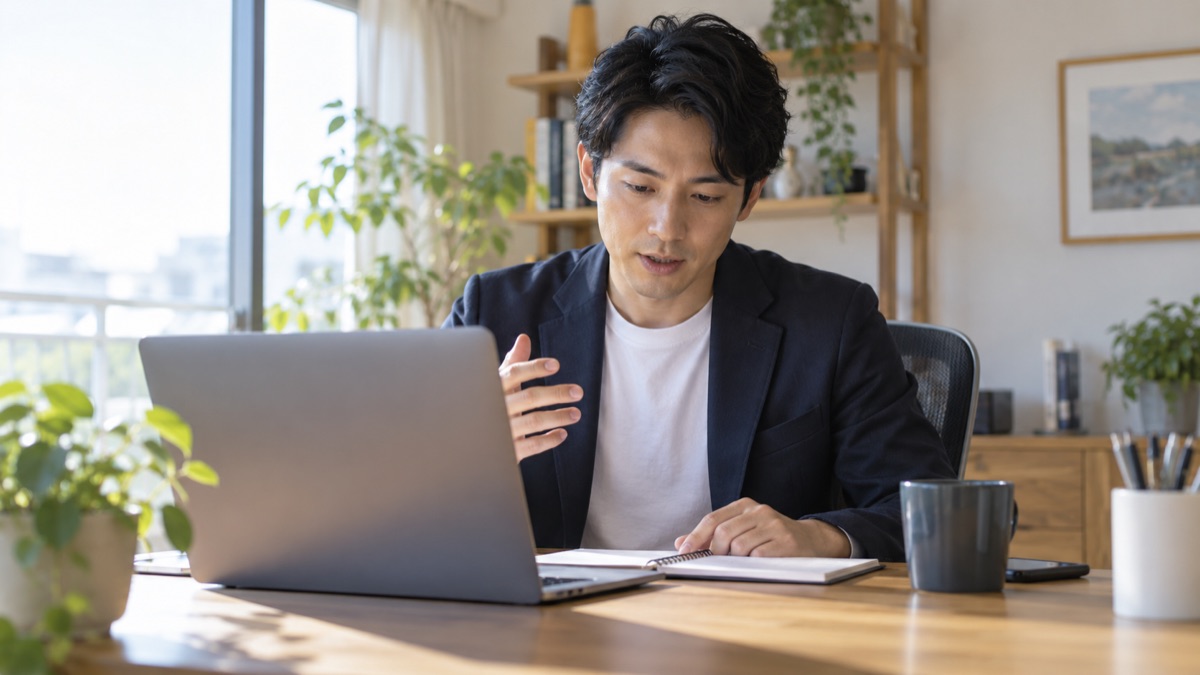 自宅のオンライン会議で手元のメモを見てから話し始める男性