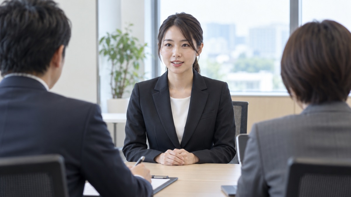 面接の部屋で面接官に向かって落ち着いて答える女性
