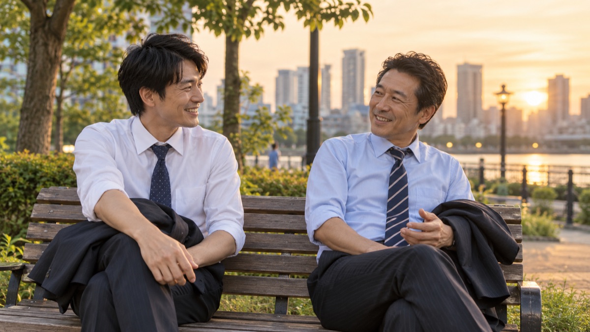 夕方の公園のベンチで穏やかに話す仕事帰りの同僚2人