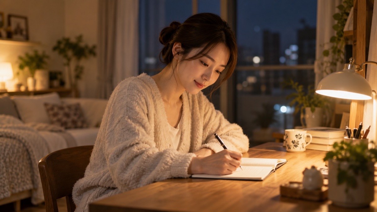 夜の自宅の机でノートに考えを書き出す女性