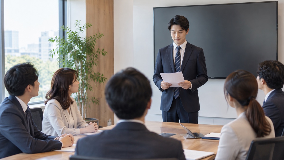 小さな会議室で同僚の前に立ち、話し出す前に息を整える男性社員