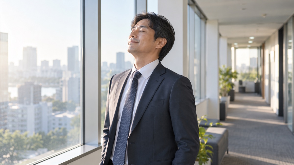 オフィスの窓の前で目を閉じてゆっくり息を吐く男性社員
