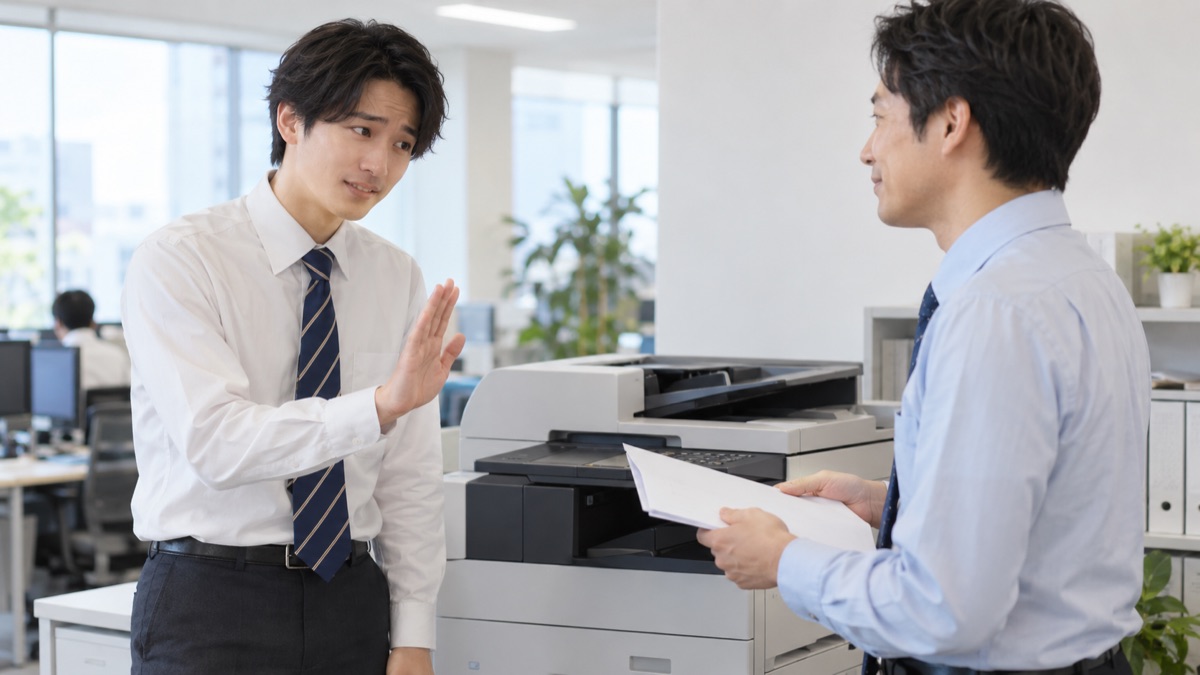 コピー機の前で同僚の頼みごとを丁寧に断る男性社員