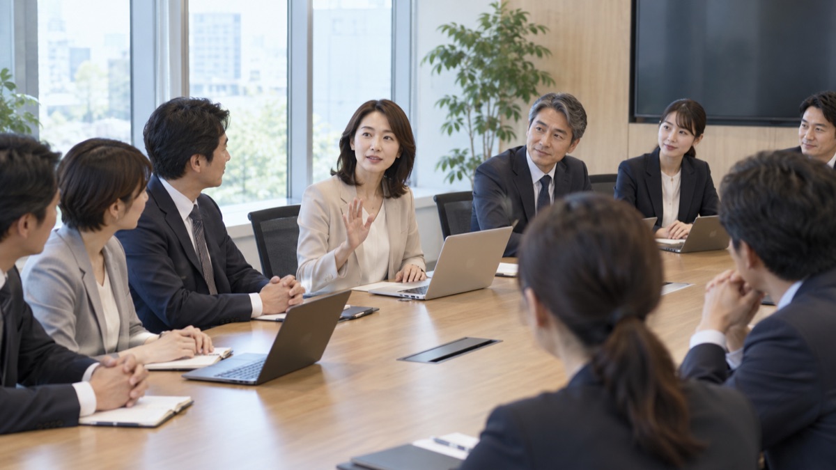 大きな会議室で指名され、片手を上げて少し時間をもらう女性社員
