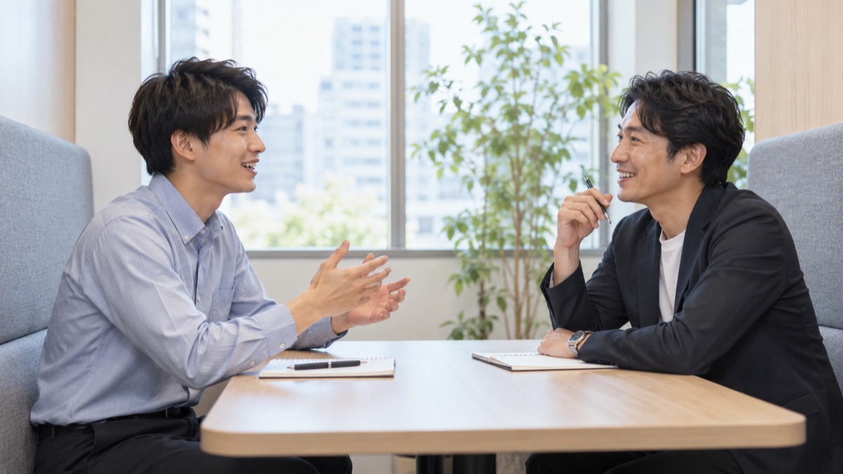 打ち合わせブースで同僚2人が意見を伝え合う練習をする男性社員