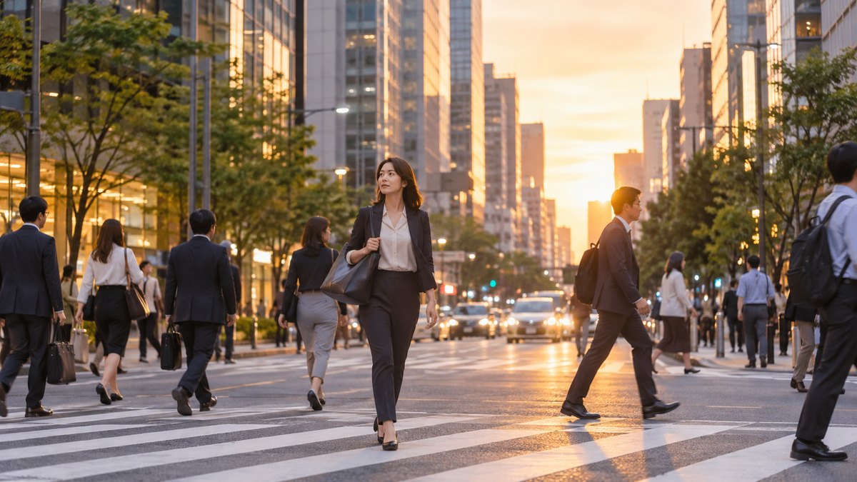 夕方、オフィス街の大通りの横断歩道を、仕事帰りの30代の女性会社員がトートバッグを肩にかけ、前を向いて渡っている遠景。周りにも会社員が歩いている。看板や標識の文字は見えない