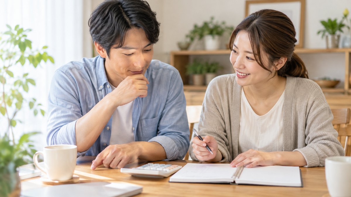 休日の昼、自宅のダイニングテーブルで、30代の夫婦が電卓と家計のノートを前に並んで座り、穏やかに話し合っている近景。ノートと電卓の文字や数字は読めない