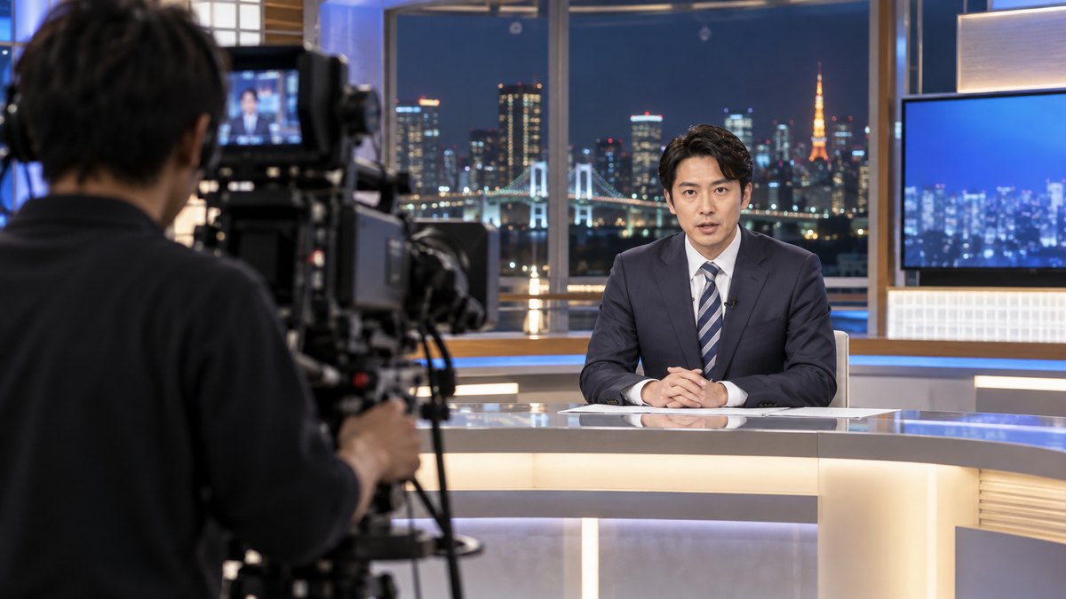 夜のテレビ局のニューススタジオで、30代の男性キャスターがデスクに座ってカメラに向かって話し、手前のカメラマンの背中と大きなテレビカメラが写っている。モニターやセットに文字やロゴは無い