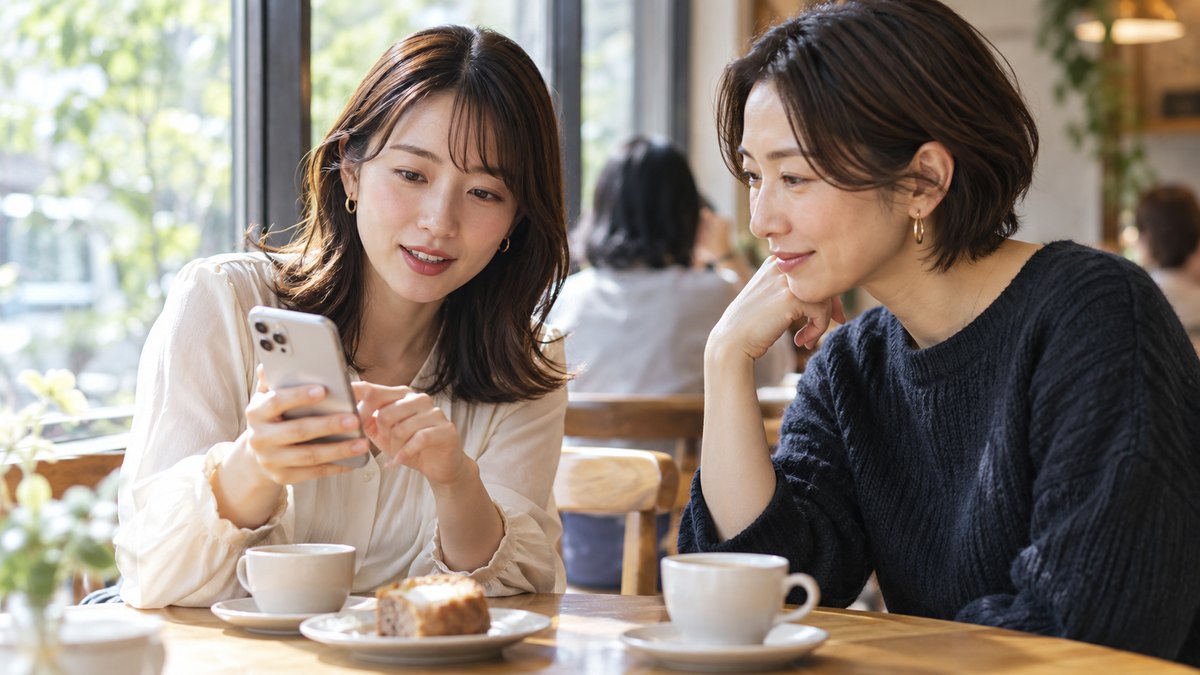 休日の午後、カフェの窓際のテーブル席で、20代後半の女性と30代の女性が向かい合い、片方がスマホを見せながら相談し、もう片方がうなずいて聞いている近景。スマホの画面の文字は見えない