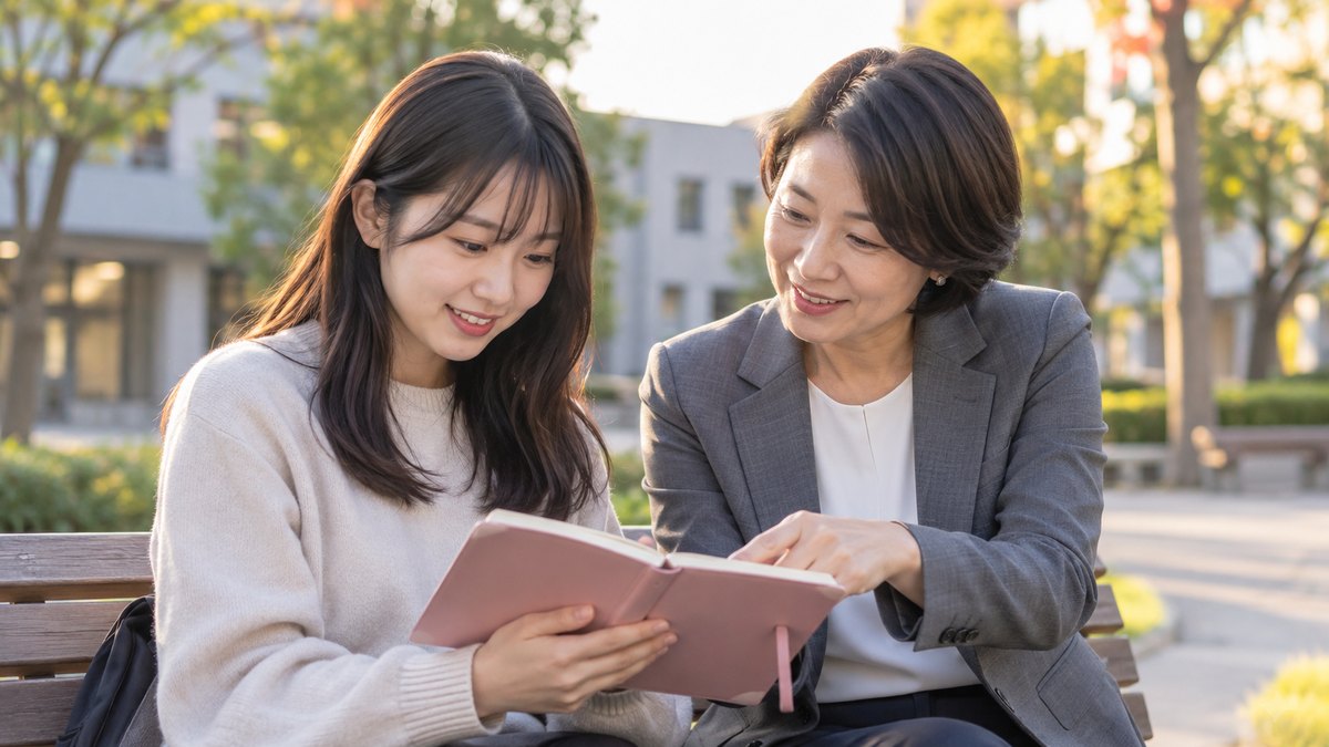 平日の夕方、大学のキャンパスの中庭のベンチで、40代の女性のキャリア相談員と20代前半の女子学生が並んで座り、女子学生が持つ手帳を一緒に見ながら話している近景。手帳の文字は読めない