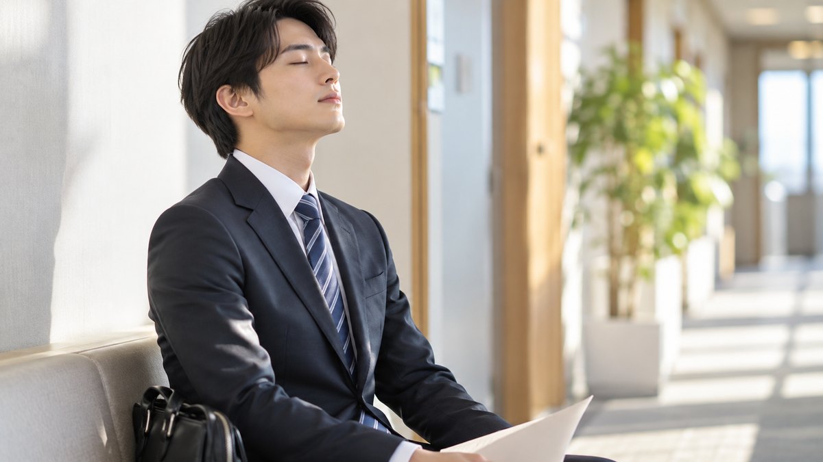 朝、会社の静かな廊下のベンチで、20代後半の男性が背すじを伸ばして座り、目を閉じてゆっくり息を吐きながら面接の順番を待っている近景。壁や手元の紙の文字は見えない