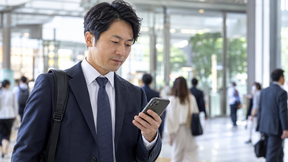 平日の朝、駅の改札を出た広いコンコースで、40代の男性会社員がスマホの地図を見ながら出口の方向を確かめている近景。案内表示やスマホの画面の文字は見えない