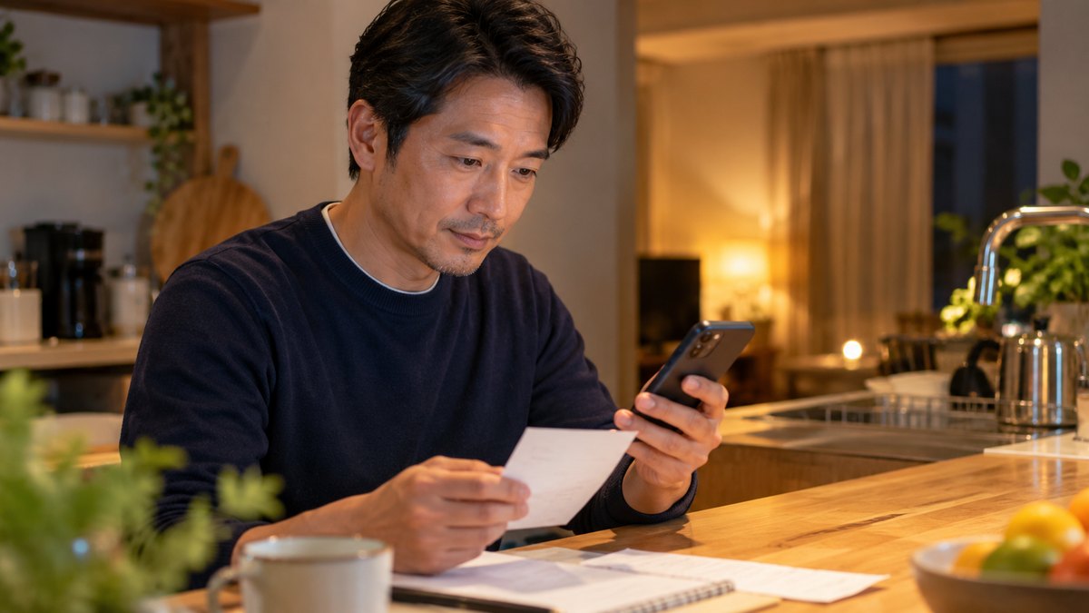 平日の夜、自宅のキッチンカウンターで、40代の男性がスマホを片手に持ち、手元のメモと見比べながら支払いの手続きを落ち着いて確かめている近景。スマホの画面とメモの文字は見えない