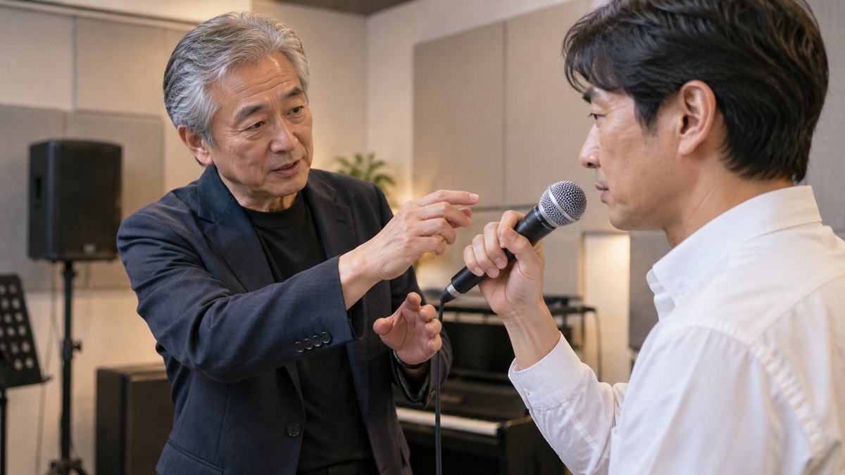 午後、防音パネルのある小さなスタジオで、60代の男性講師が立ったまま、40代の男性会社員にハンドマイクの持ち方と口元からの距離を一対一で教えている近景。壁や機材に文字やロゴは無い