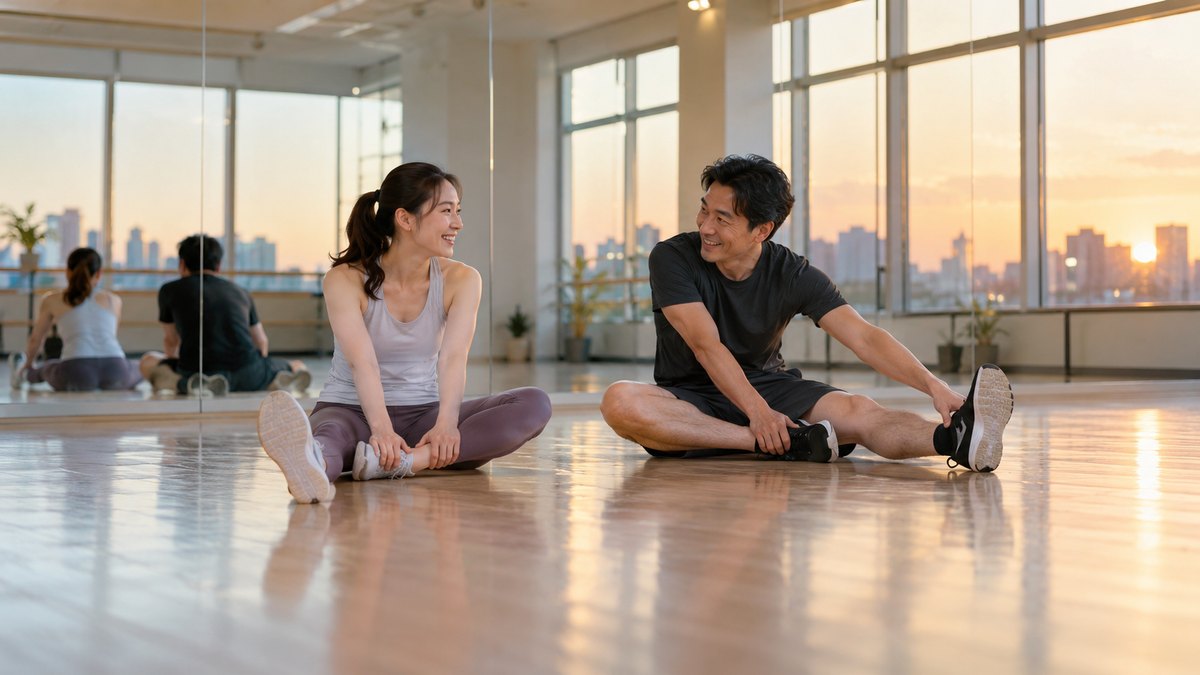 夕方、壁一面が鏡のダンススタジオで、30代の女性と40代の男性が並んで床に座り、レッスン前のストレッチをしながら笑顔で話している遠景。壁や床に文字は無い
