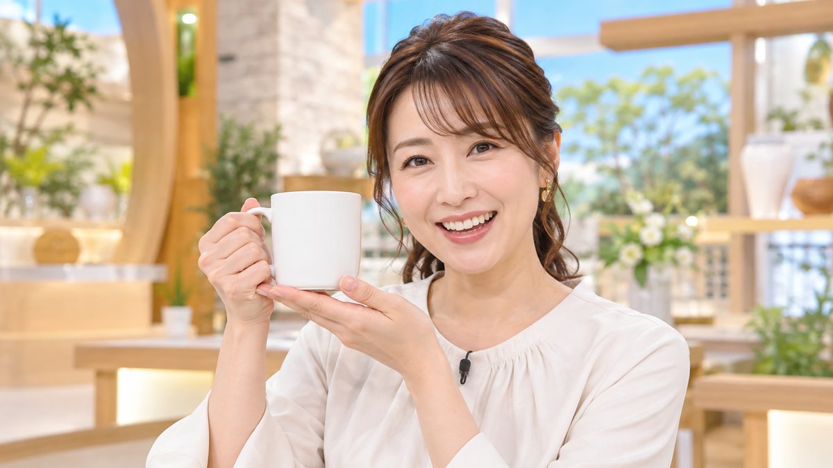 昼、テレビ通販番組風の明るいスタジオのセットで、30代の女性が白いマグカップを手に持ち、カメラに向かって笑顔で商品を紹介している近景。セットや商品に文字やロゴは無い