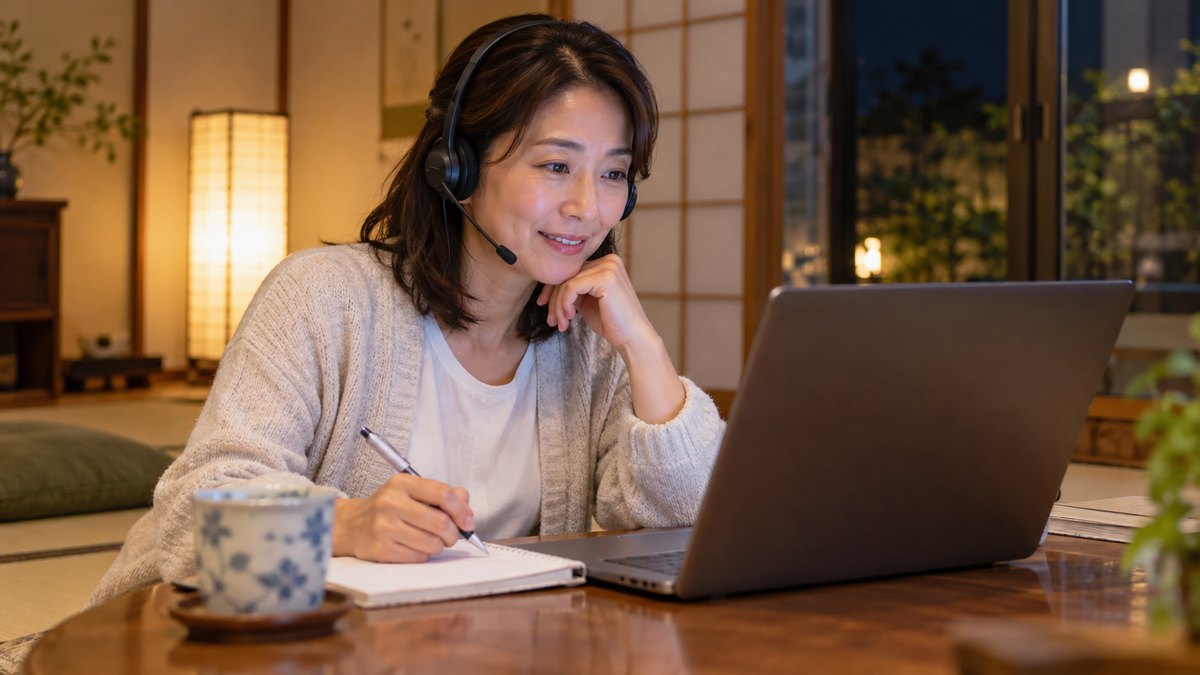 夜、自宅の和室のちゃぶ台で、40代の女性がノートパソコンに向かってヘッドセットをつけ、画面の向こうの講師の話にうなずきながらオンラインの授業を受けている近景。画面の文字は見えない